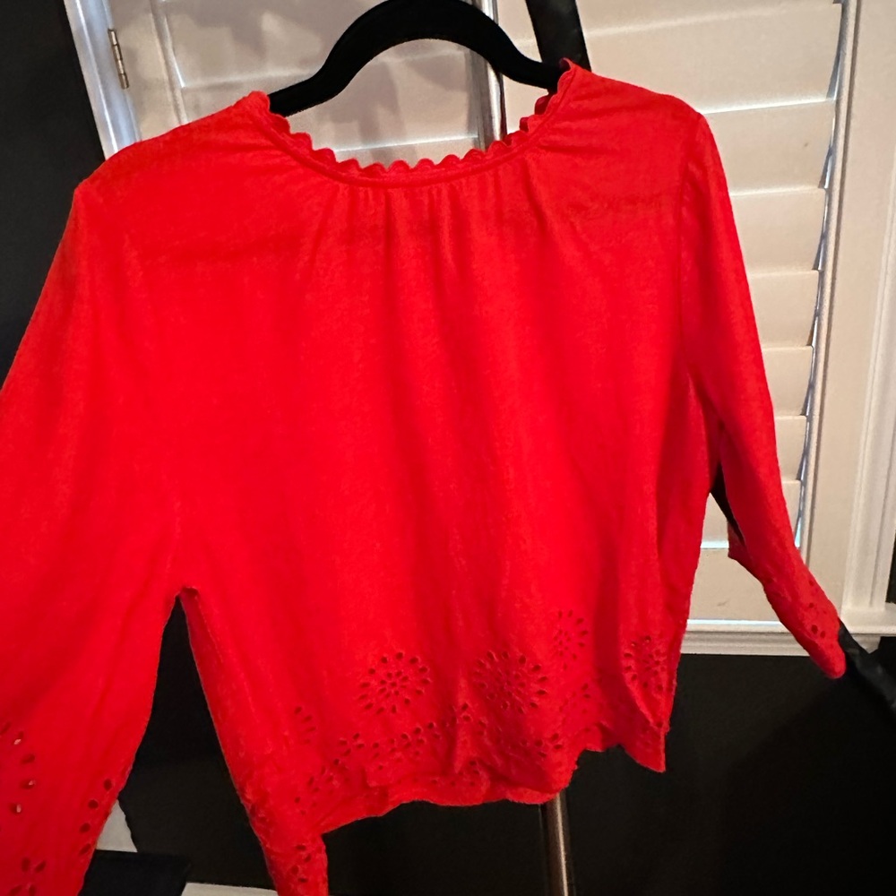 LOFT Red Ruffled 3/4 Sleeve Blouse